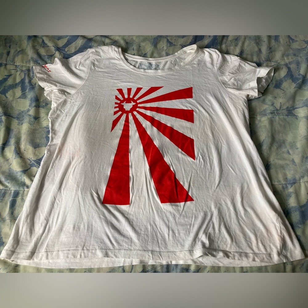 Red and white shirt from Pamplona while in tour group for running with the bulls